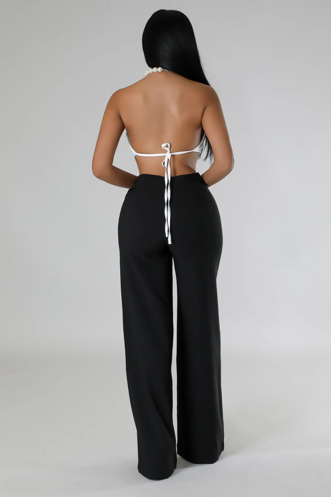 PEARL HALTER ROSE TOP AND WIDE LEG PANT SET (BLACK/WHITE)