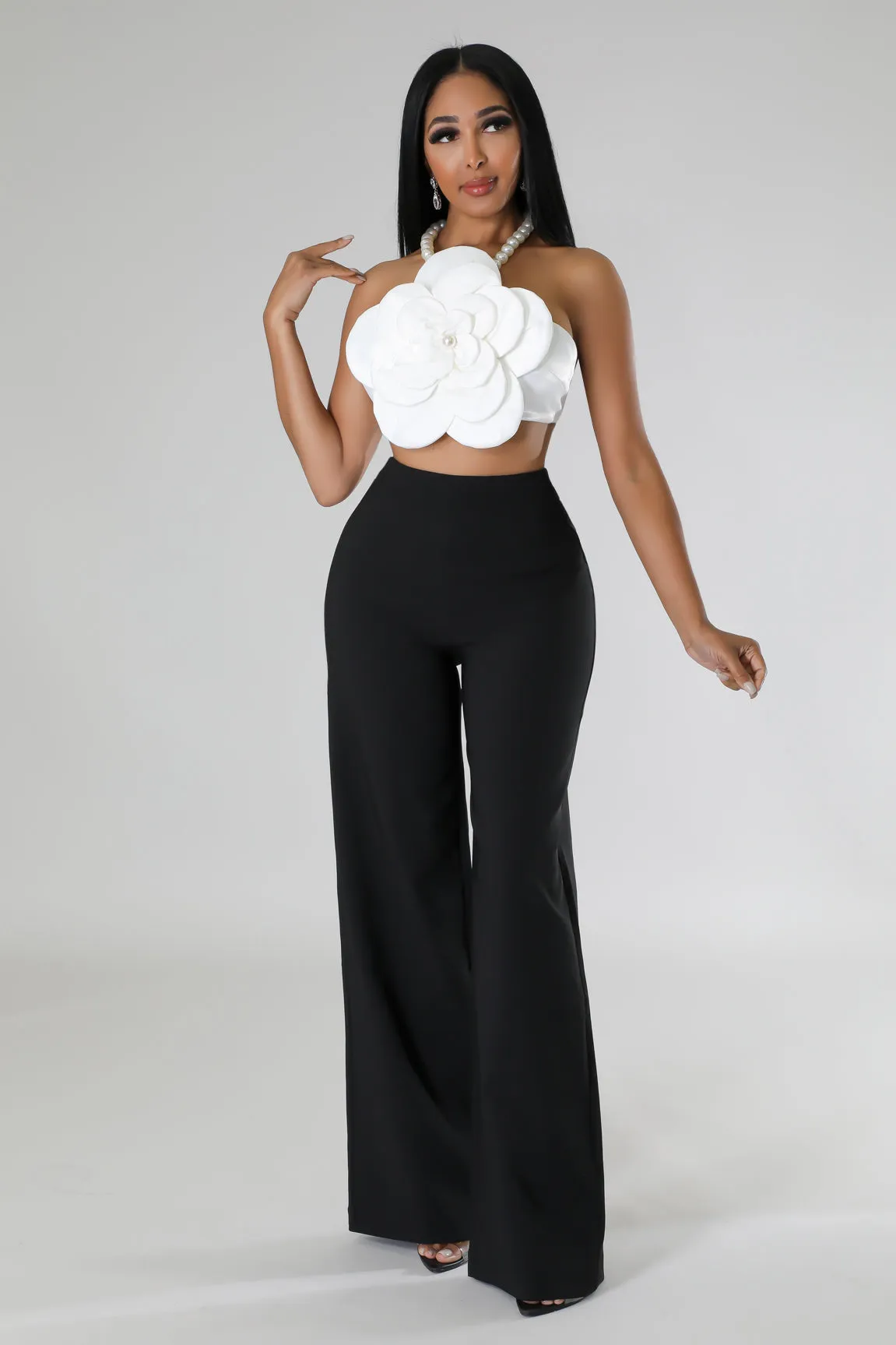 PEARL HALTER ROSE TOP AND WIDE LEG PANT SET (BLACK/WHITE)