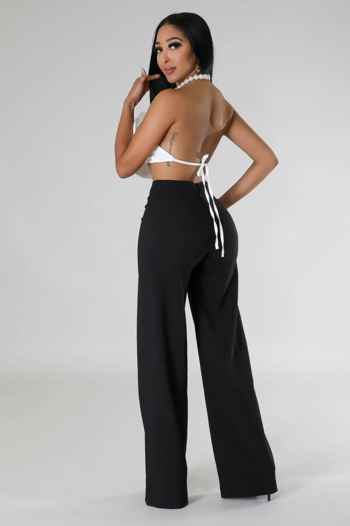 PEARL HALTER ROSE TOP AND WIDE LEG PANT SET (BLACK/WHITE)