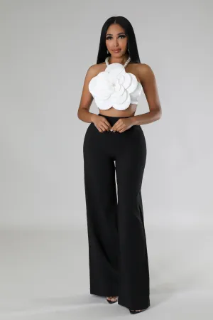 PEARL HALTER ROSE TOP AND WIDE LEG PANT SET (BLACK/WHITE)