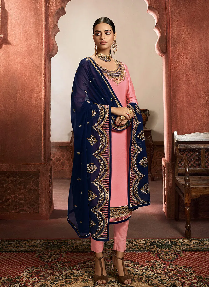 Pink And Blue Lehenga/Pant Suit