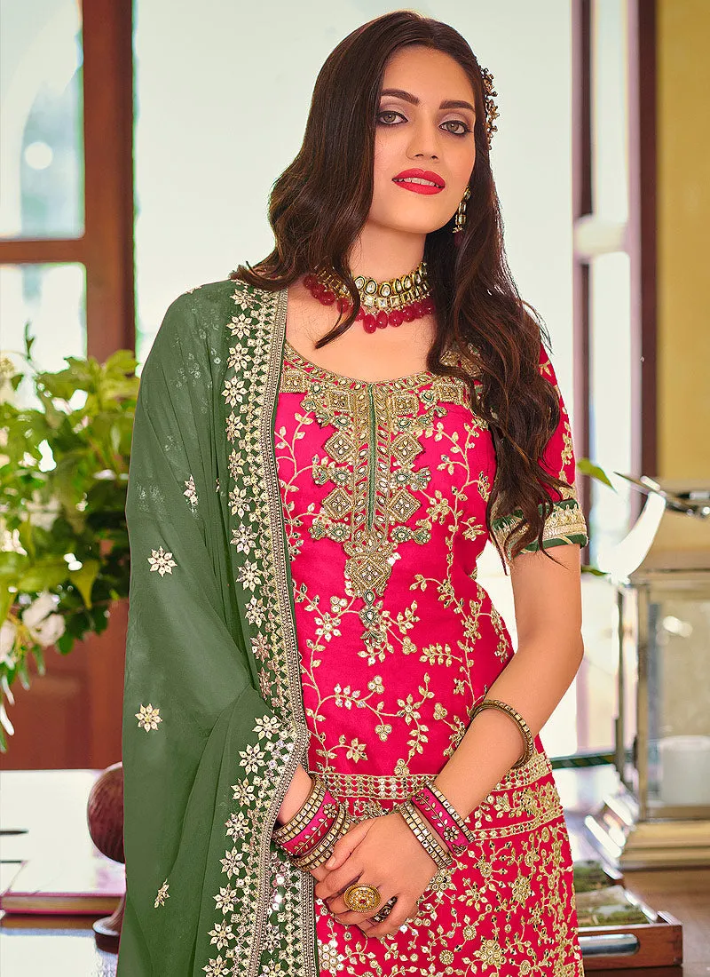 Pink And Green Golden Embroidered Wedding Sharara Suit