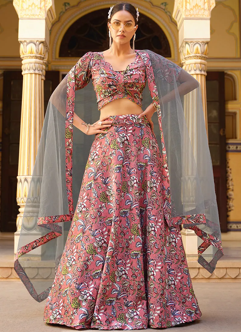 Pink And Grey Floral Printed Silk Lehenga Choli