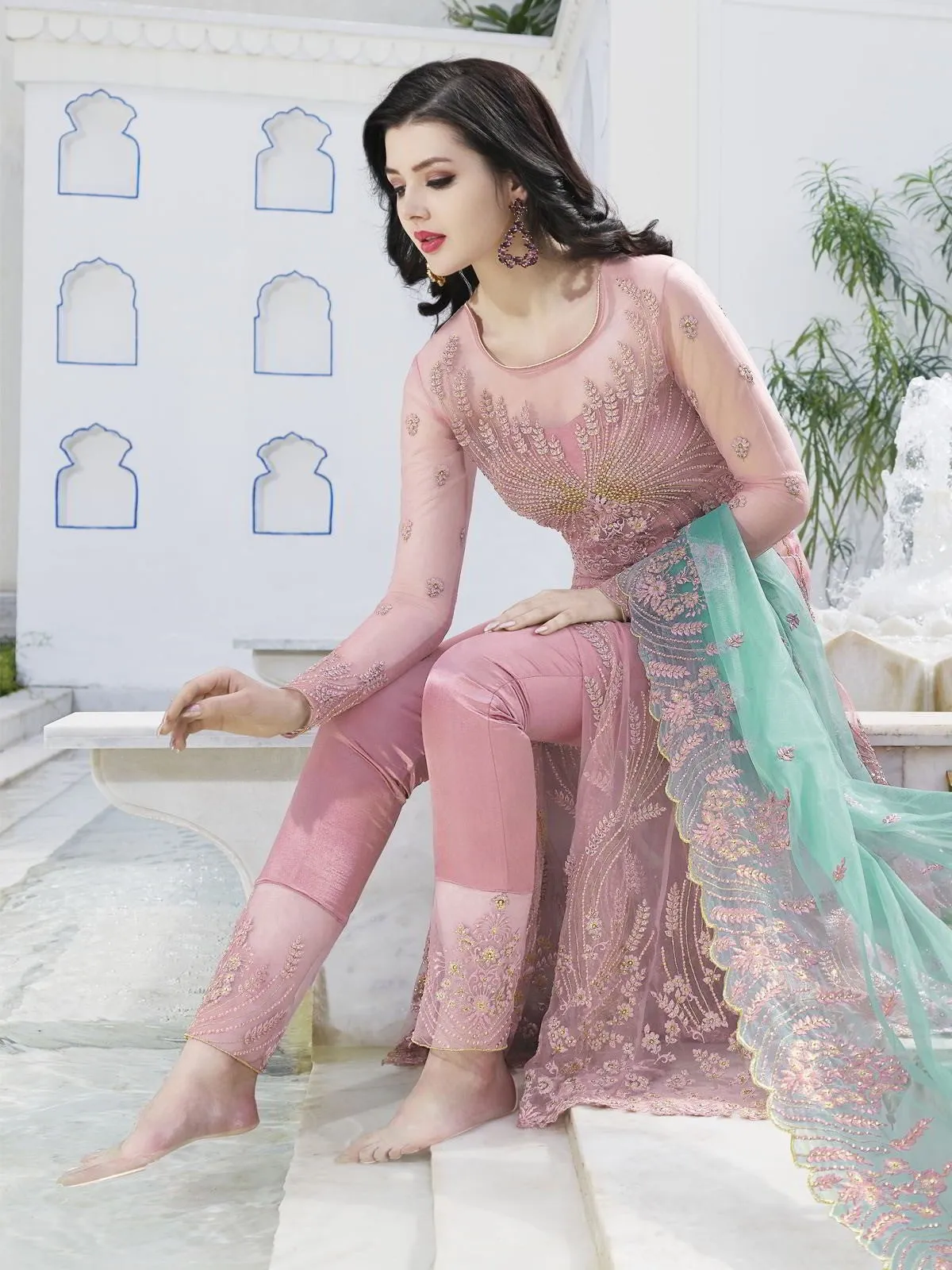 Pink And Turquoise Embroidered Anarkali Lehenga And Pant Suit