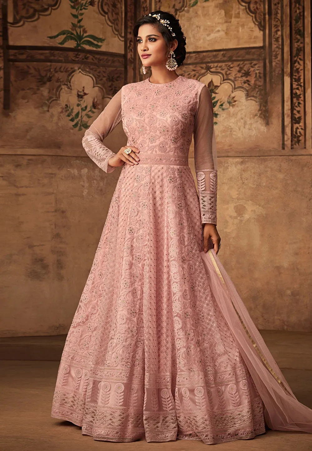 Pink Chikankari Embroidered Net Anarkali Suit