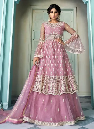 Pink Embroidery Anarkali Style Lehenga Suit