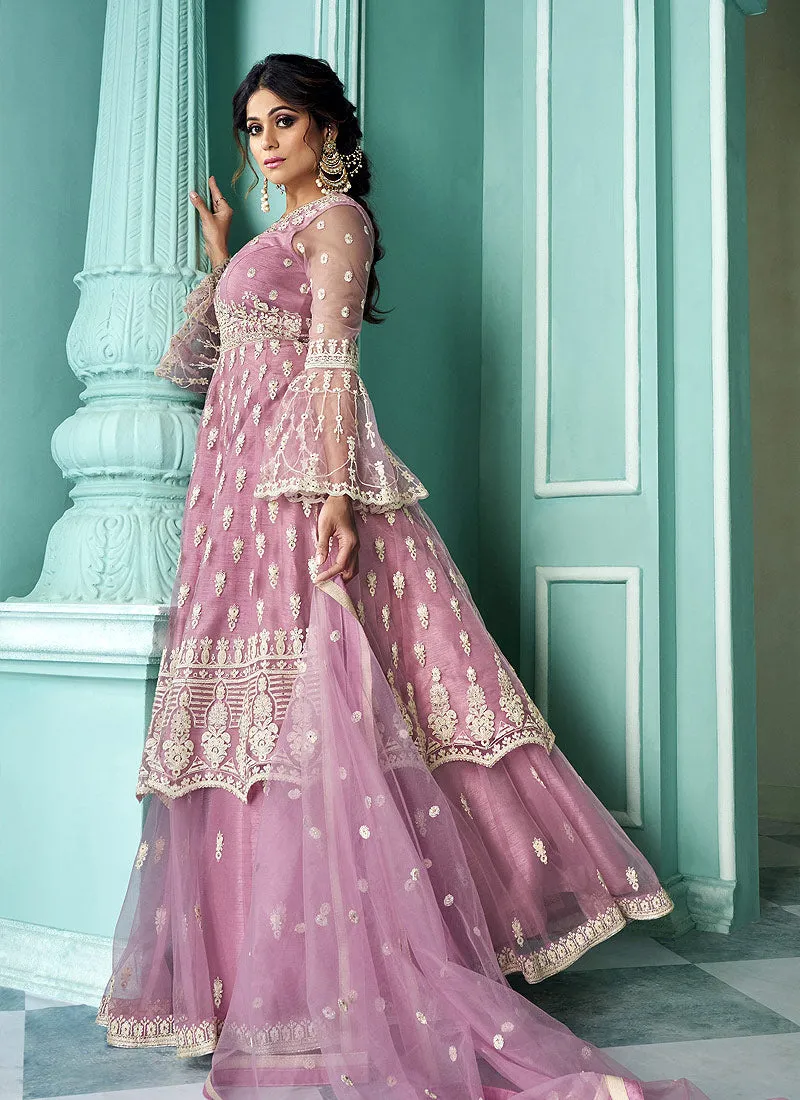 Pink Embroidery Anarkali Style Lehenga Suit