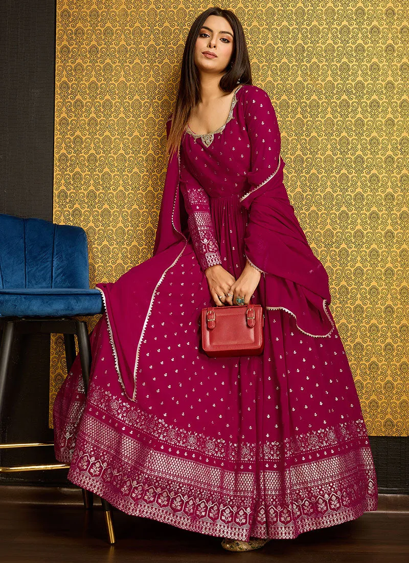 Pink Golden Foil Printed Anarkali Gown With Dupatta