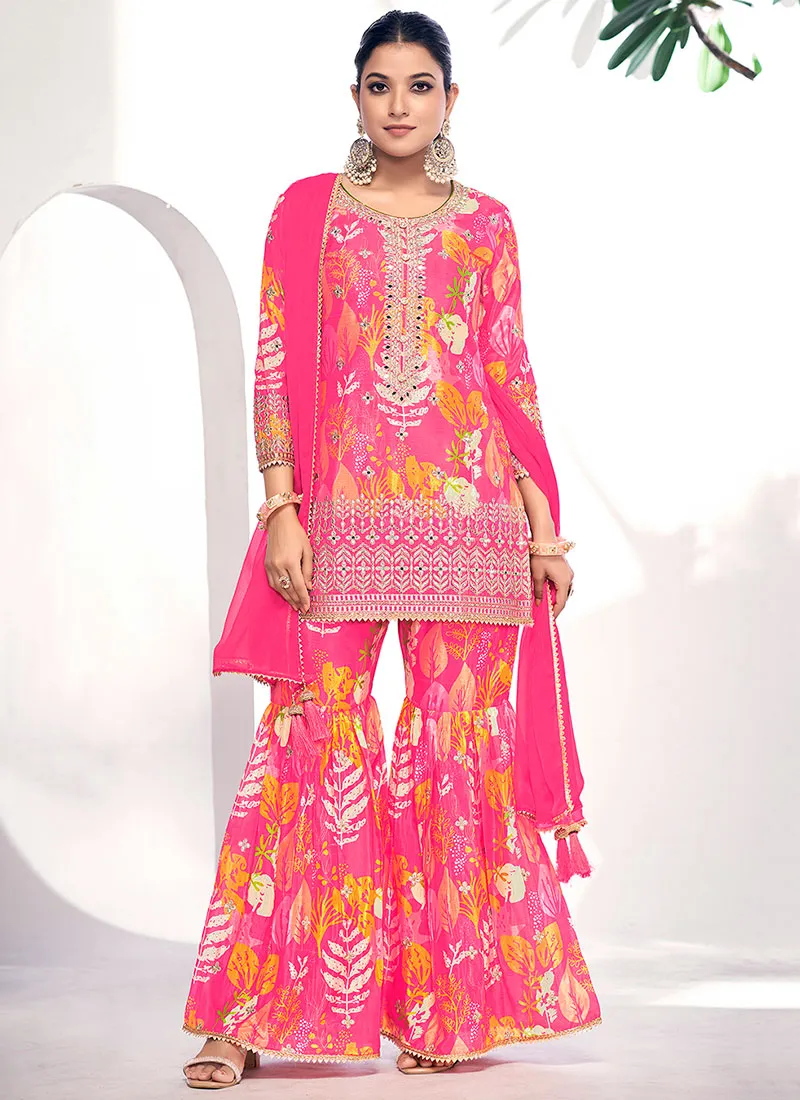 Pink Golden Mirror Work Embroidery Gharara Suit