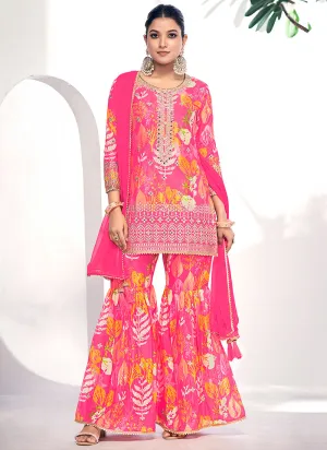 Pink Golden Mirror Work Embroidery Gharara Suit