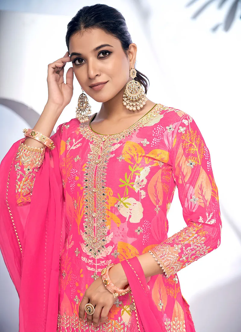 Pink Golden Mirror Work Embroidery Gharara Suit