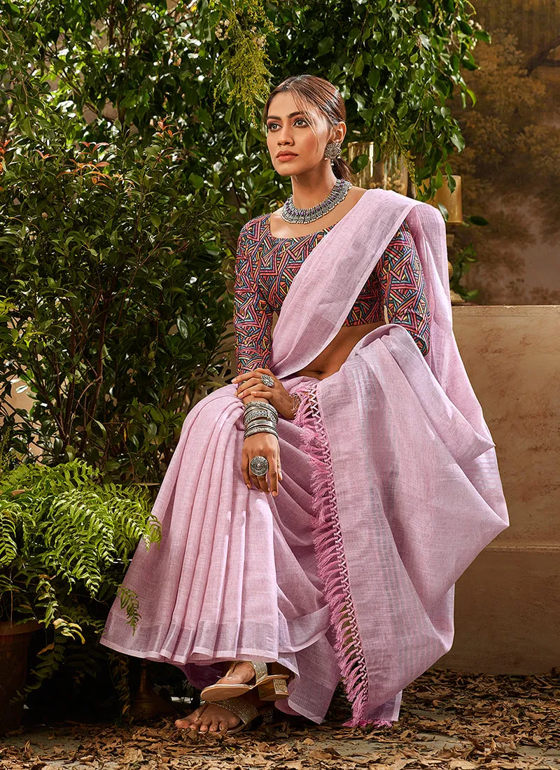 Pink Handloom Khadi Saree With Digital Printed Blouse