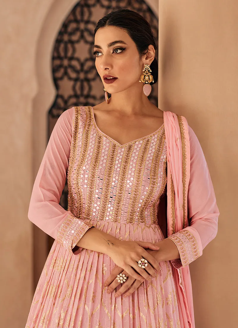 Pink Mirror Work Embroidery Georgette Wedding Anarkali Suit