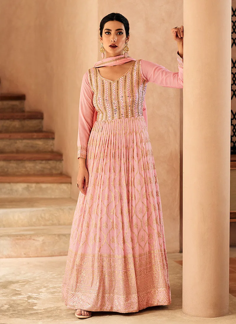 Pink Mirror Work Embroidery Georgette Wedding Anarkali Suit