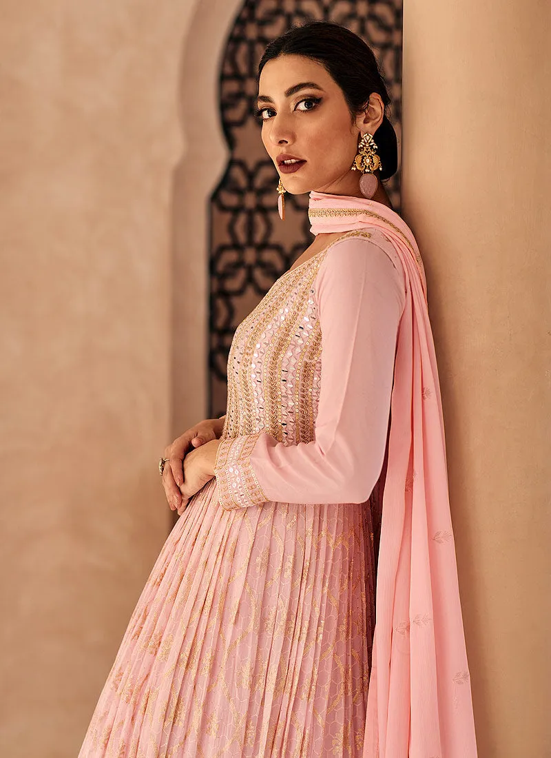 Pink Mirror Work Embroidery Georgette Wedding Anarkali Suit