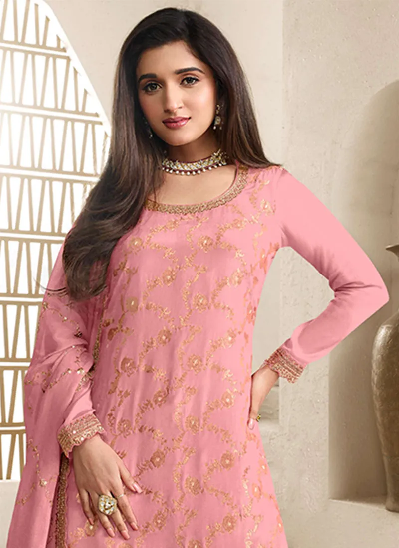 Pink Reshamkari Embroidery Sharara Style Suit