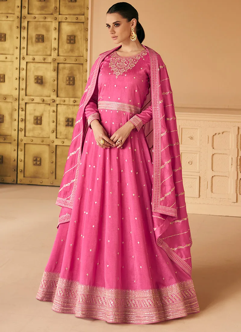 Pink Silk Traditional Embroidery Wedding Anarkali Suit