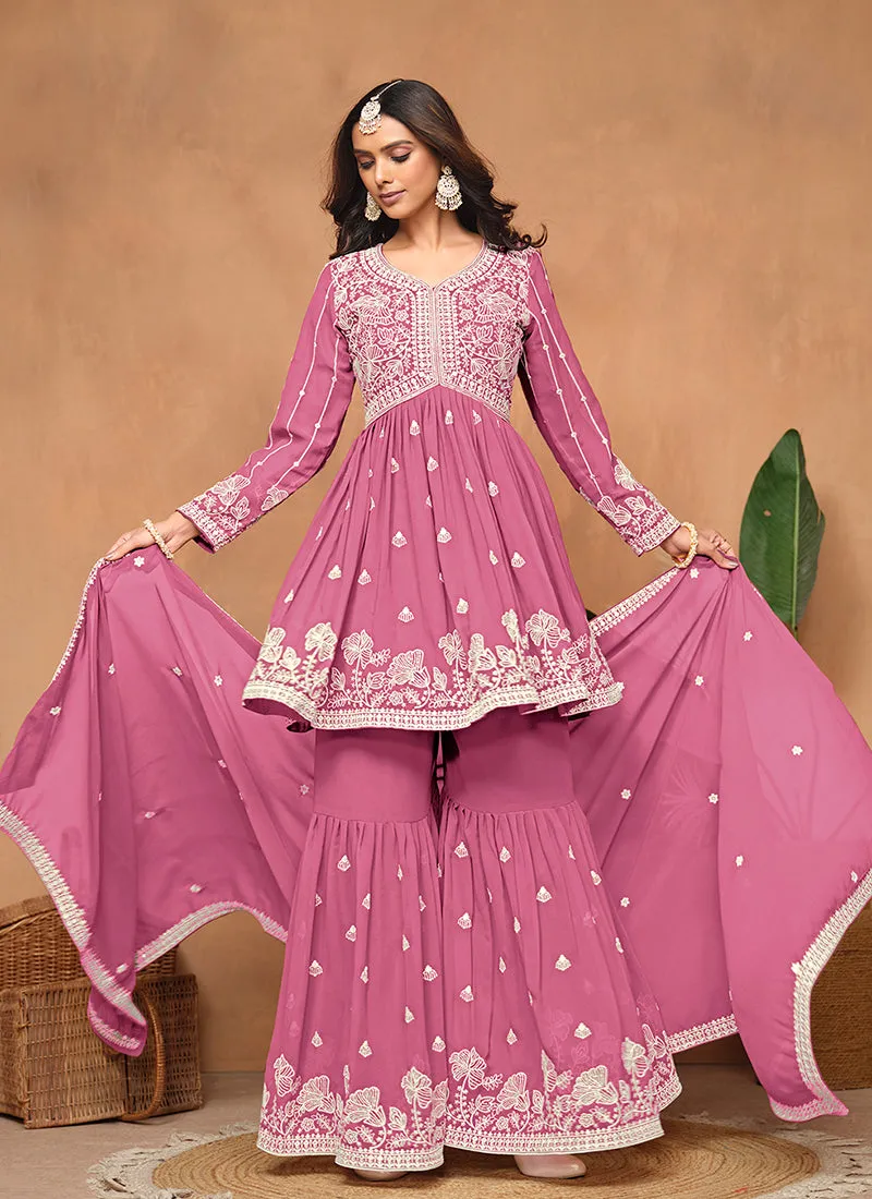 Pink Thread Embroidery Georgette Gharara Suit