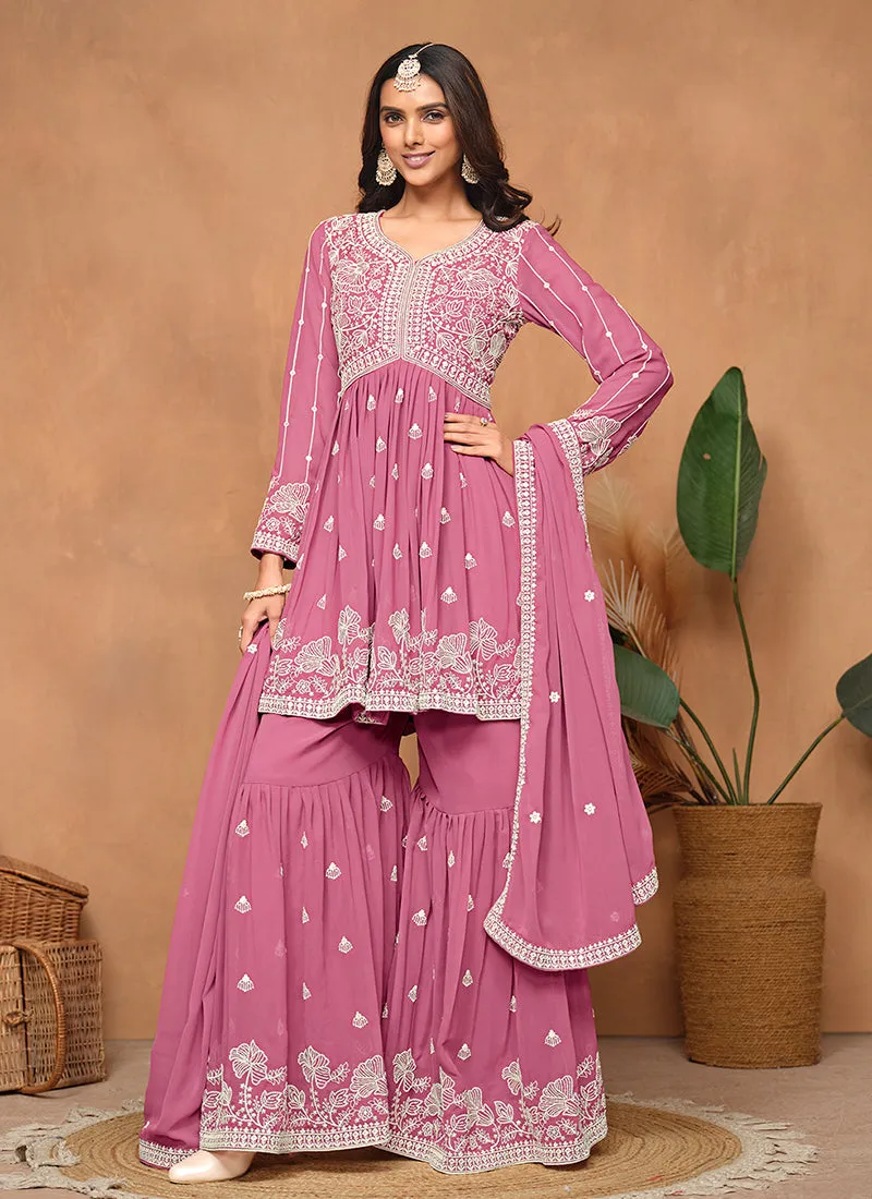 Pink Thread Embroidery Georgette Gharara Suit