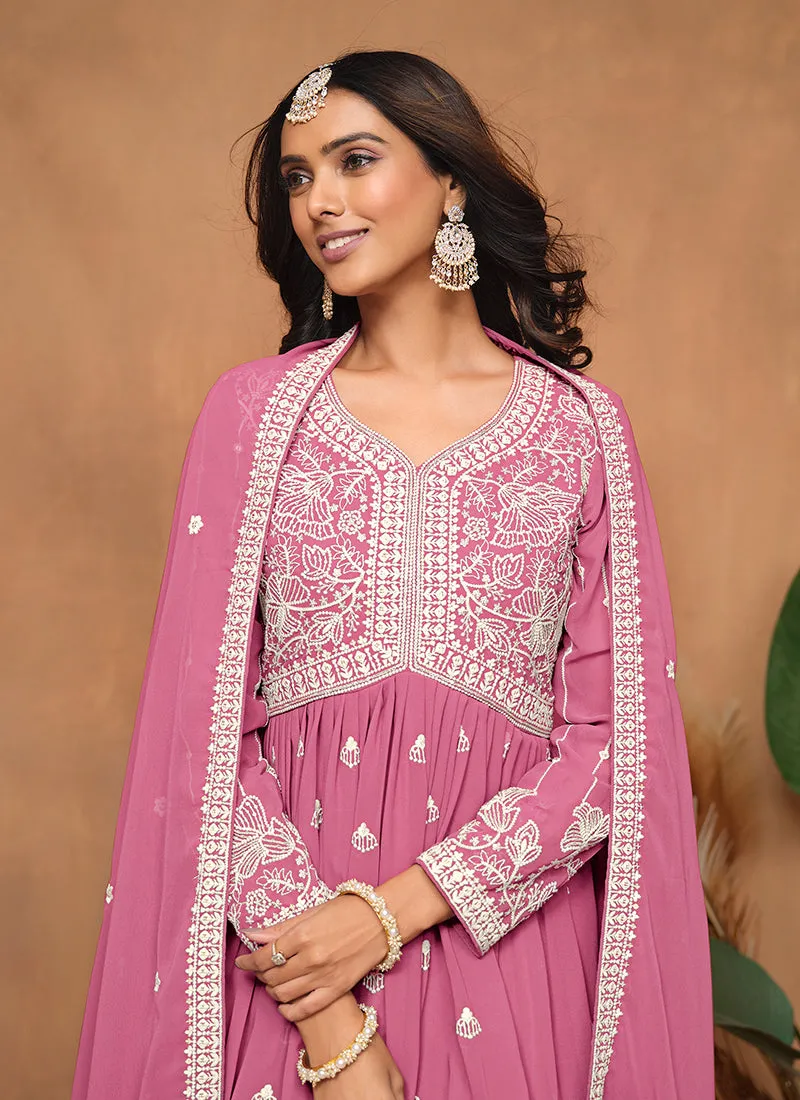 Pink Thread Embroidery Georgette Gharara Suit