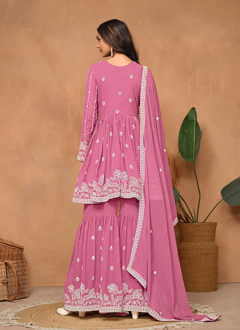 Pink Thread Embroidery Georgette Gharara Suit