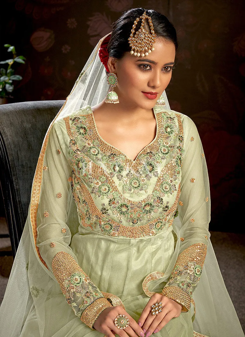 Pista Green Multi Embroidered Wedding Anarkali Suit