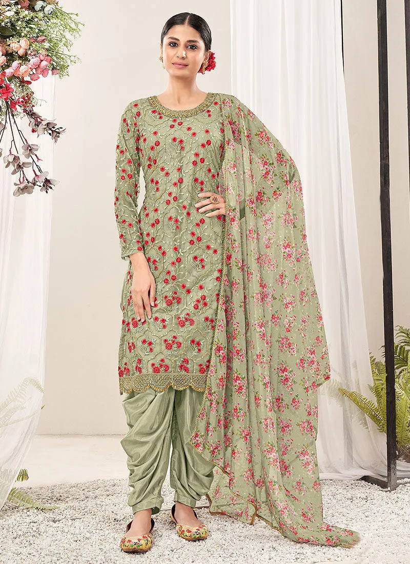 Pista Green Multi Floral Embroidery Traditional Patiala Suit