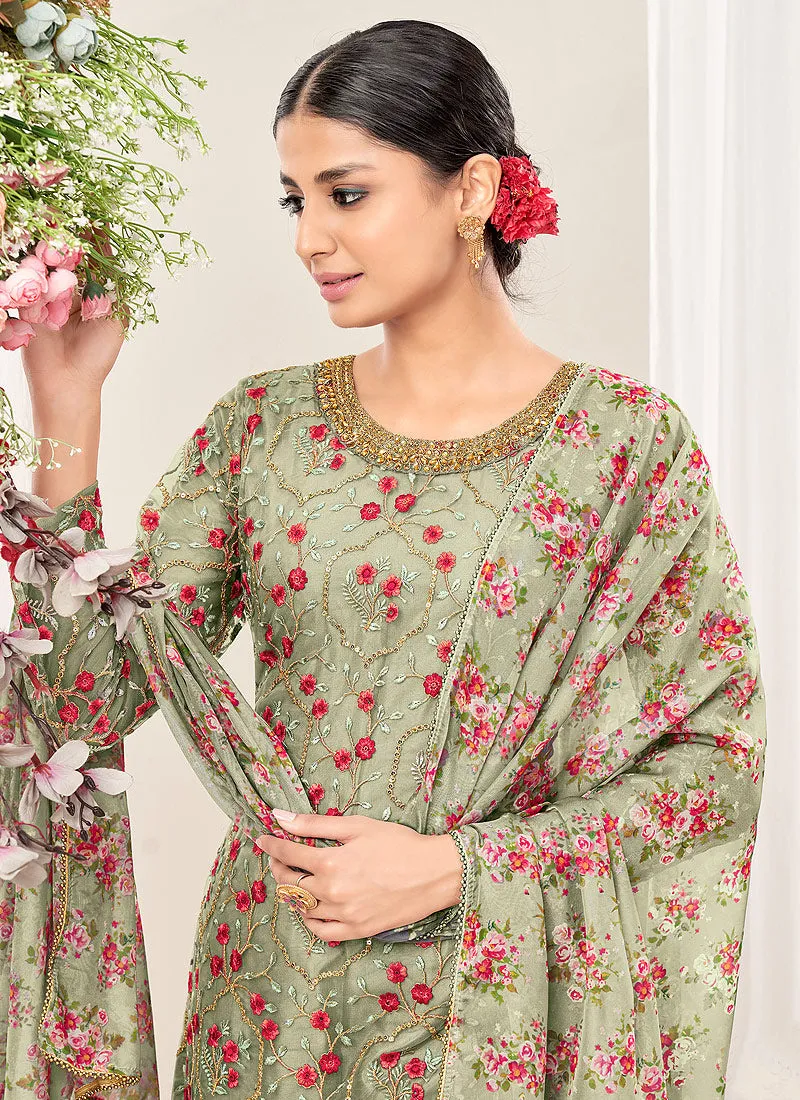 Pista Green Multi Floral Embroidery Traditional Patiala Suit