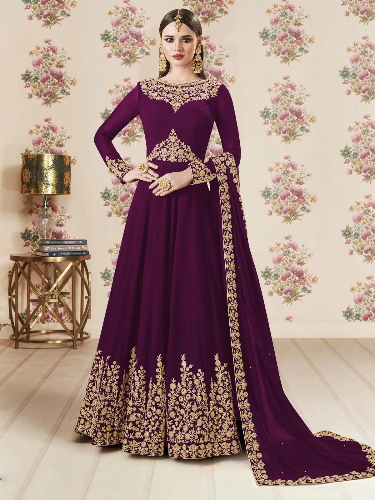 Plum Embroidered Georgette Anarkali Suit