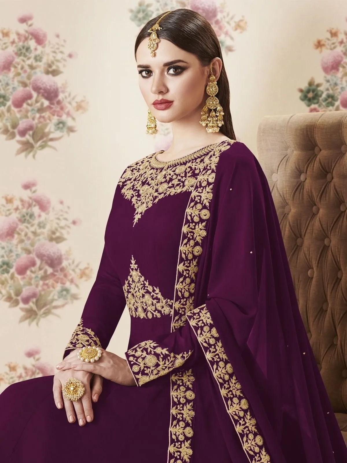 Plum Embroidered Georgette Anarkali Suit