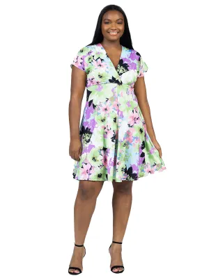 Plus Size Floral Print V Neck Empire Waist Kimono Cap Sleeve Knee Length Dress