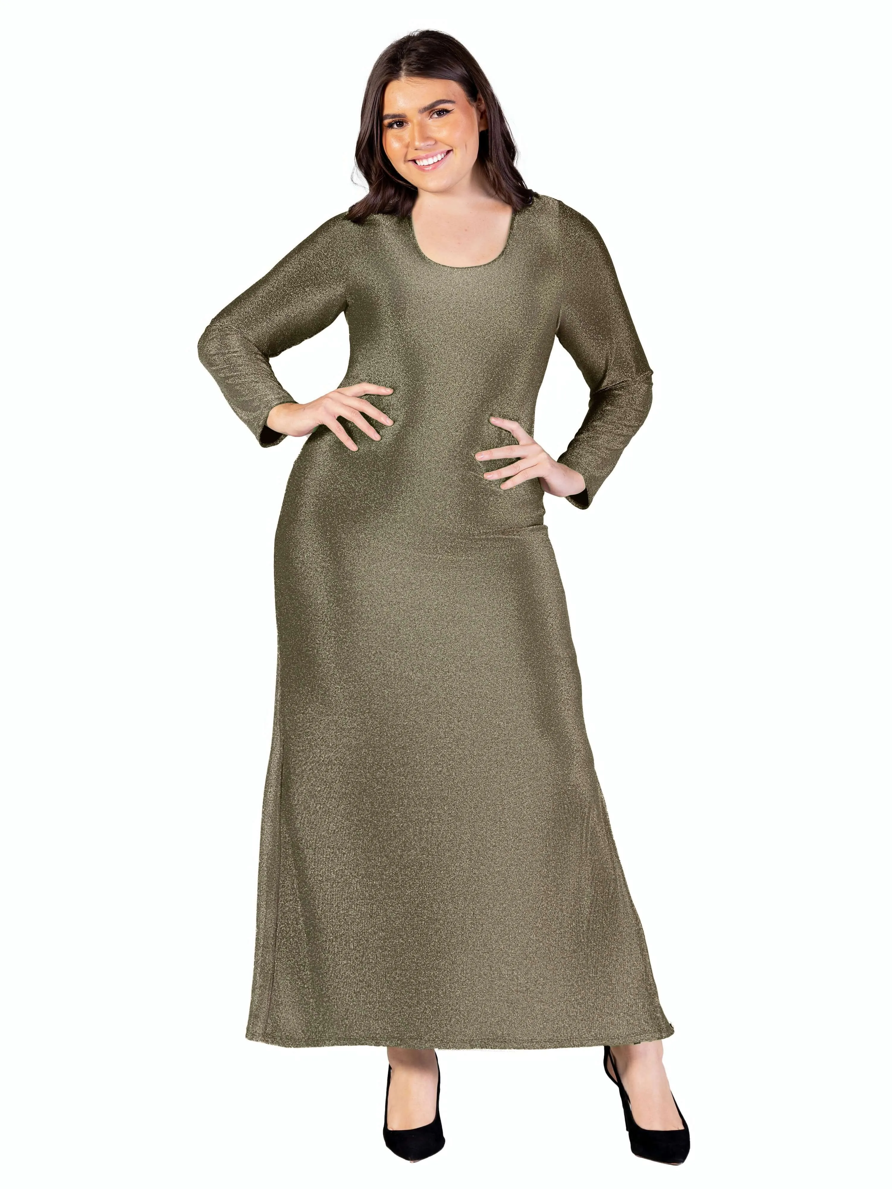 Plus Size Long Sleeve Scoop Neck Shimmery Fabric Maxi Dress