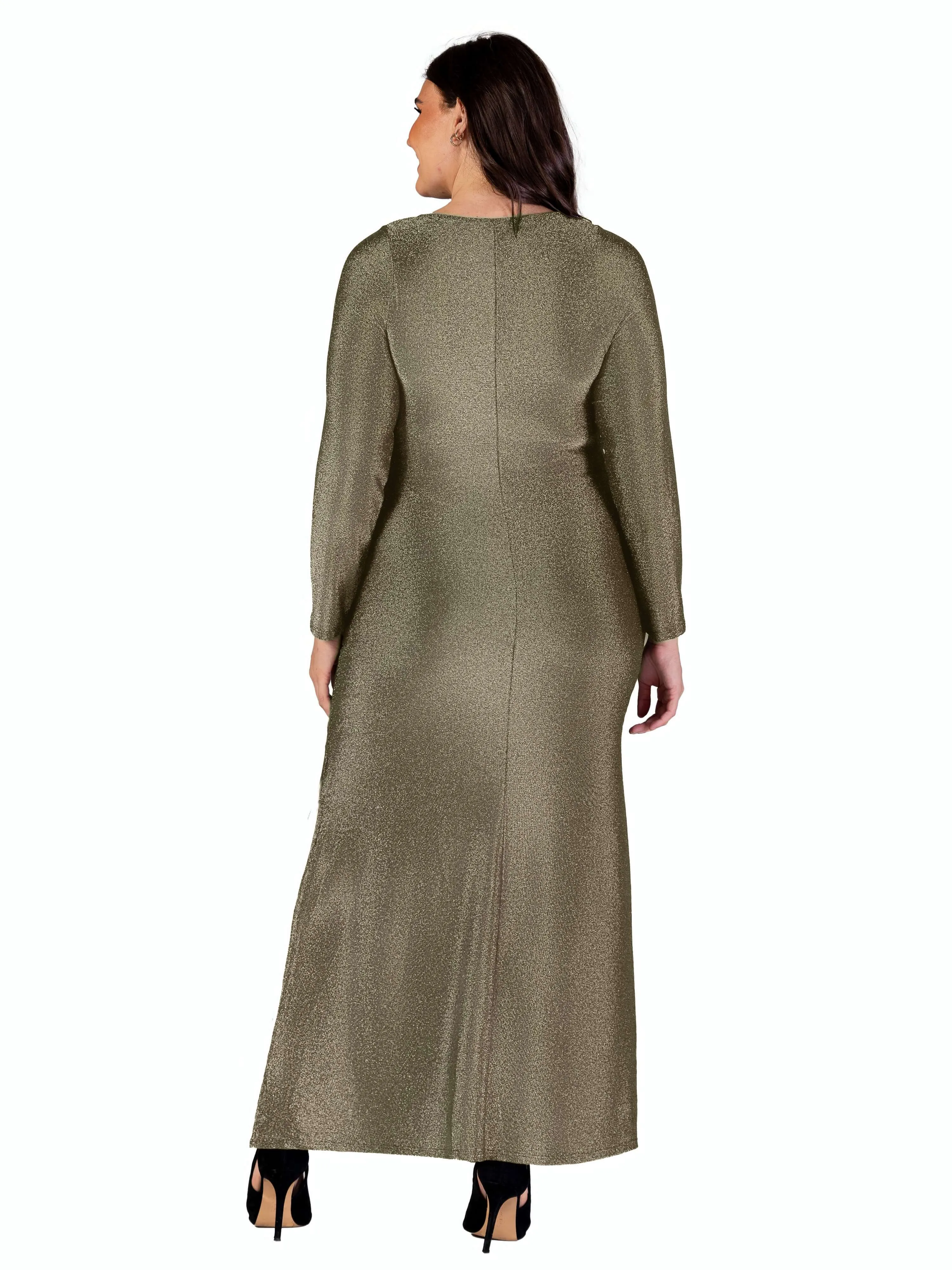 Plus Size Long Sleeve Scoop Neck Shimmery Fabric Maxi Dress