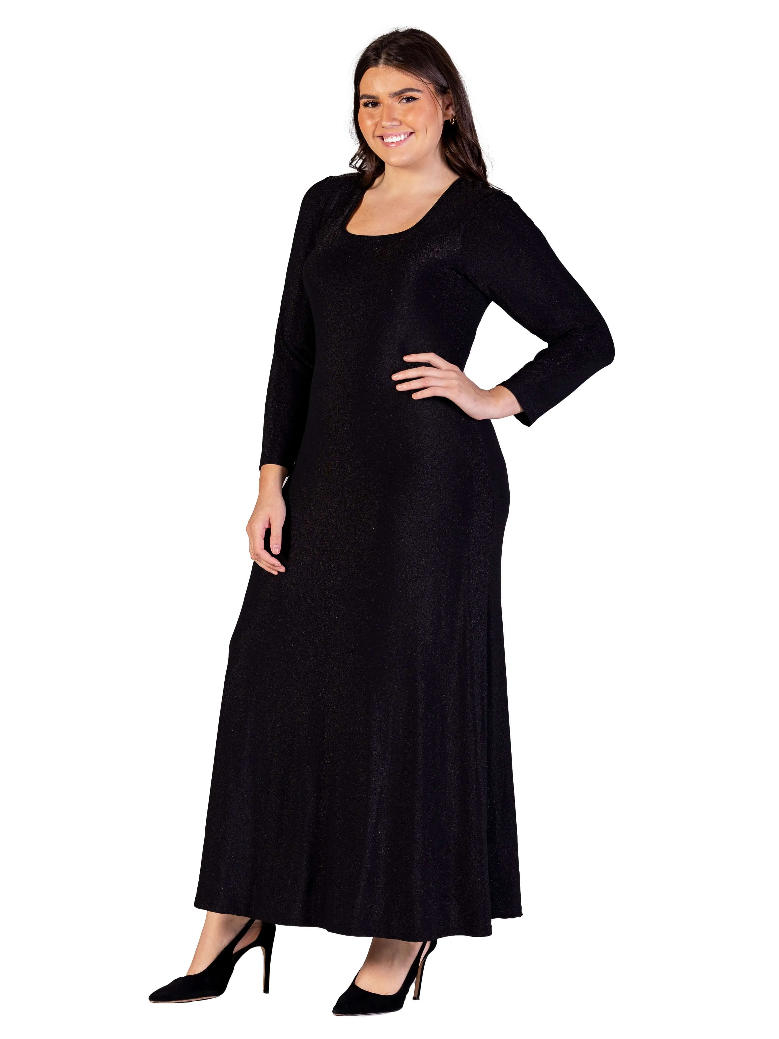 Plus Size Long Sleeve Scoop Neck Shimmery Fabric Maxi Dress