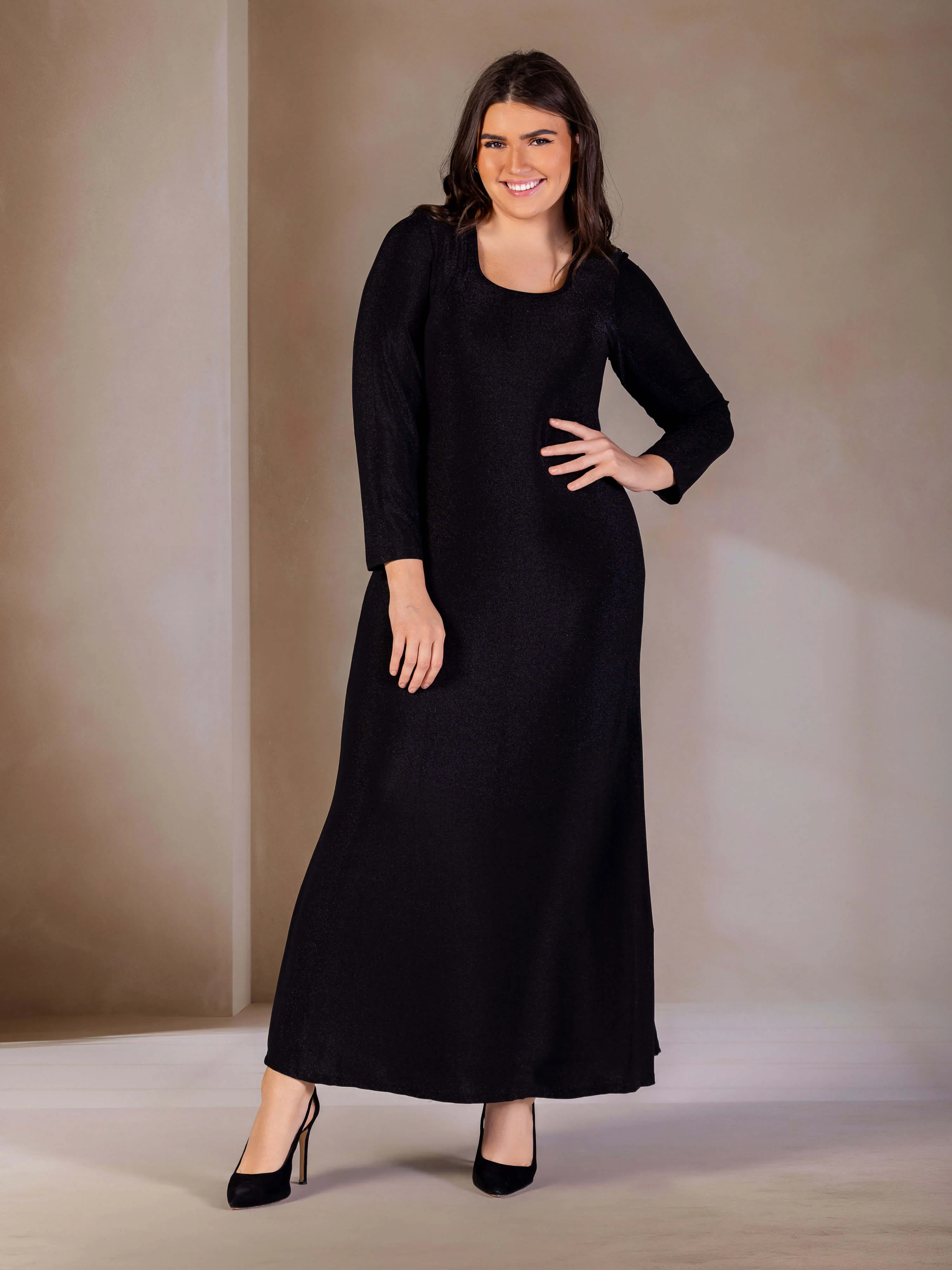 Plus Size Long Sleeve Scoop Neck Shimmery Fabric Maxi Dress