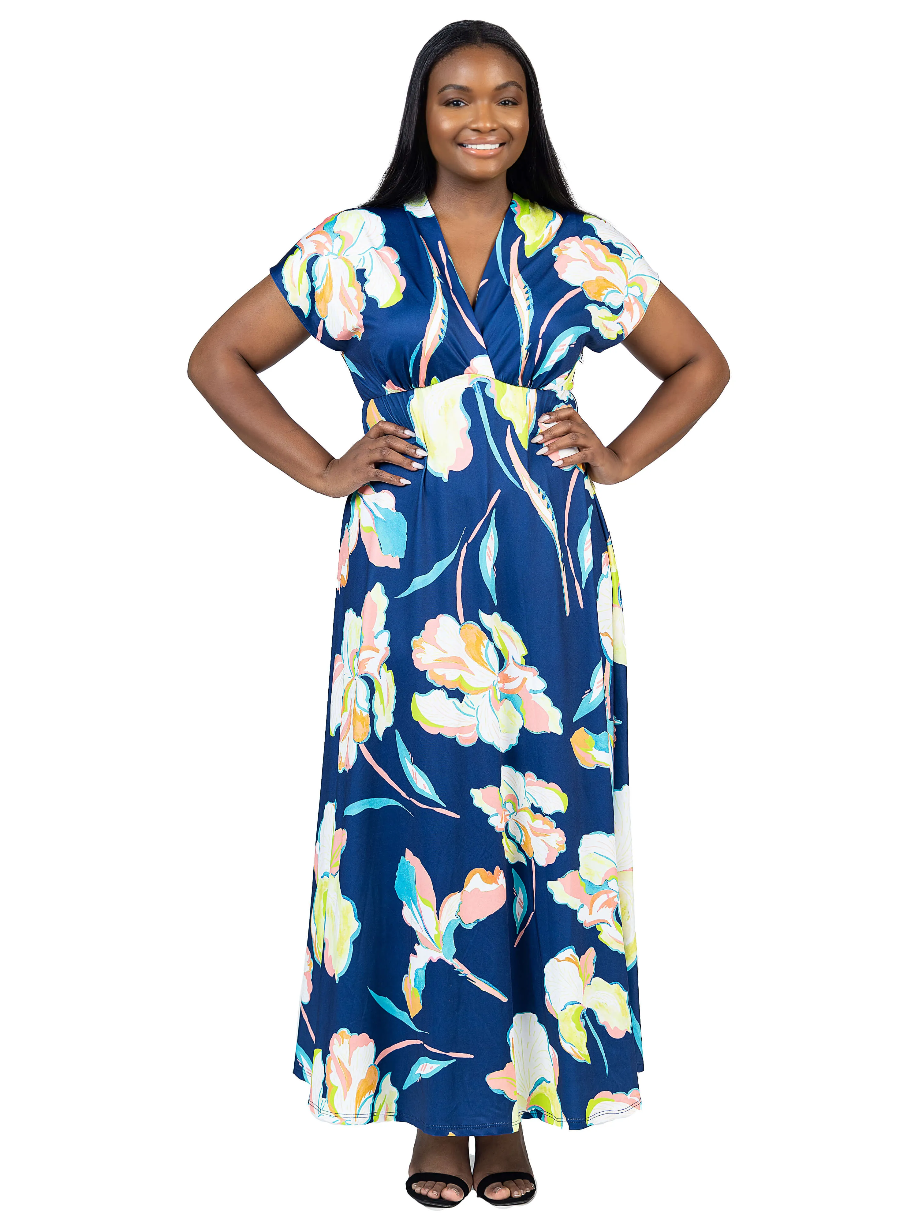 Plus Size Navy Floral Print V Neck Empire Waist Kimono Cap Sleeve Maxi Dress