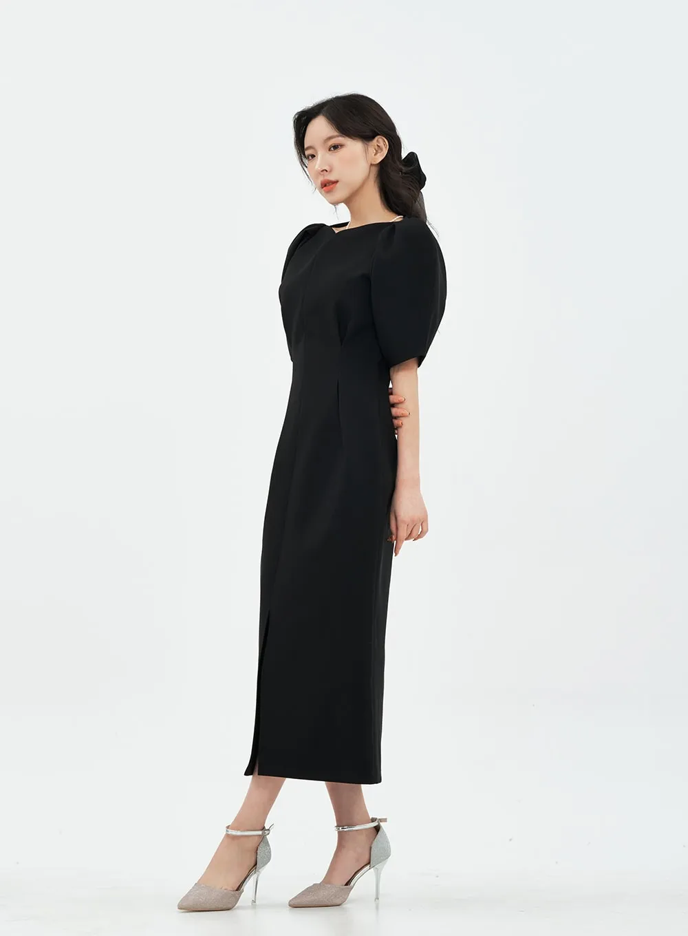 Puff Shoulder Wedding Party Midi Dress IA13