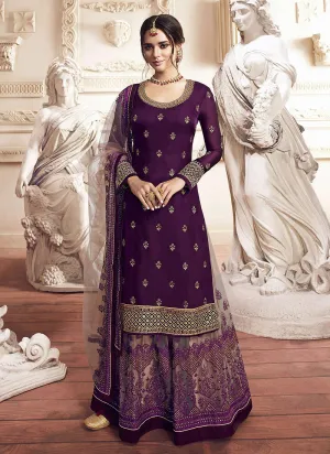 Purple And Beige Golden Embroidered Gharara Suit