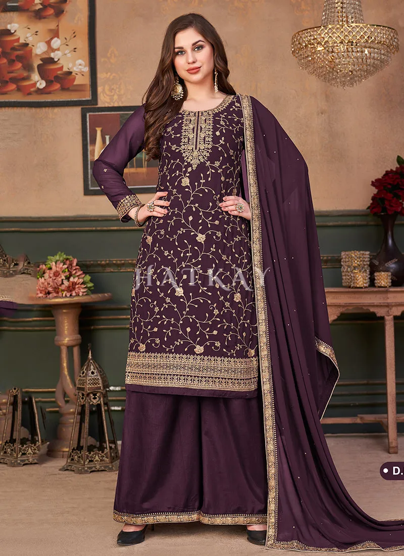 Purple Embroidered Georgette Palazzo Suit