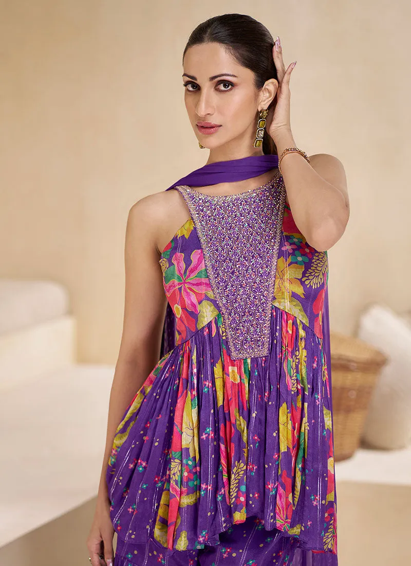 Purple Multi Embroidery Floral Printed Sharara Style Suit