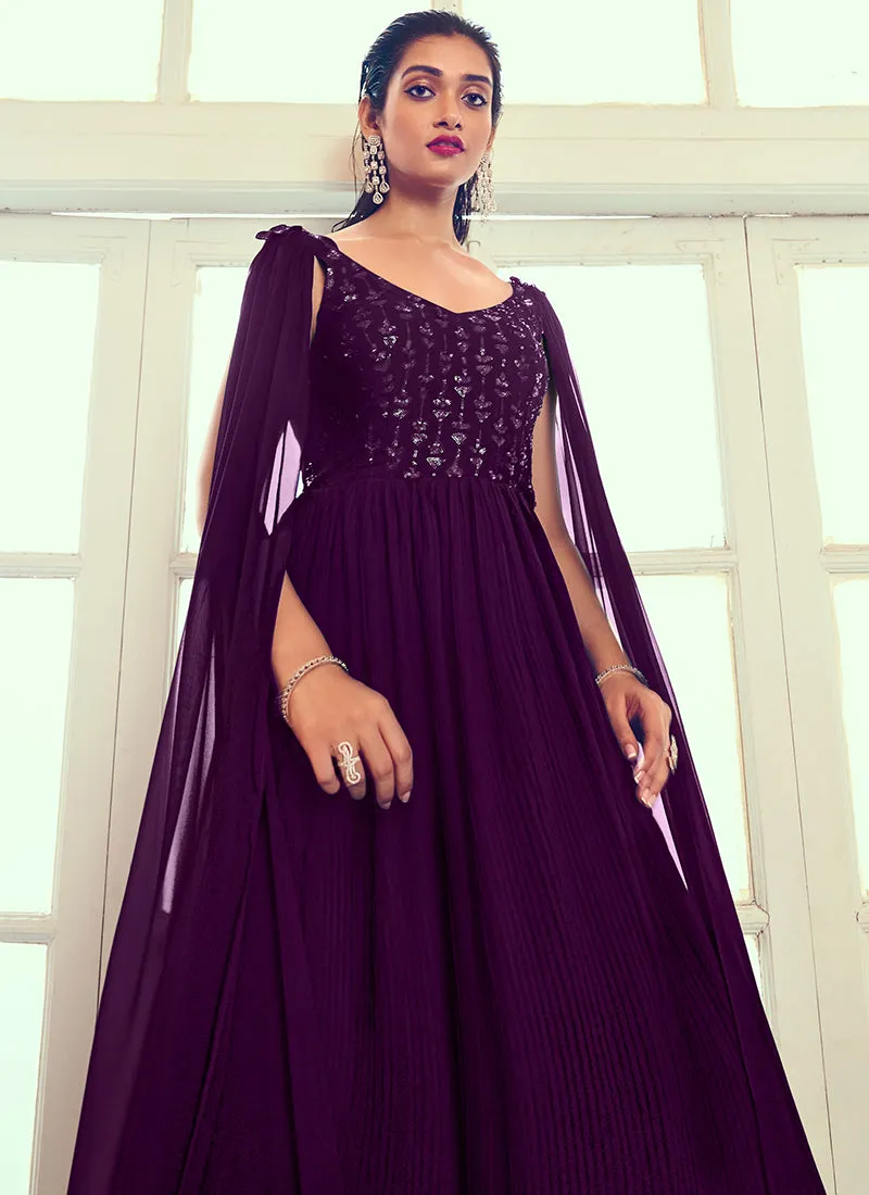 Purple Sequence Embroidery Cape Style Designer Gown