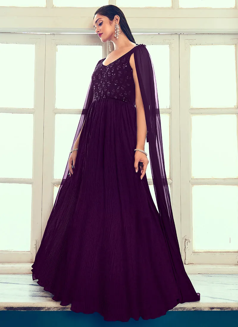 Purple Sequence Embroidery Cape Style Designer Gown