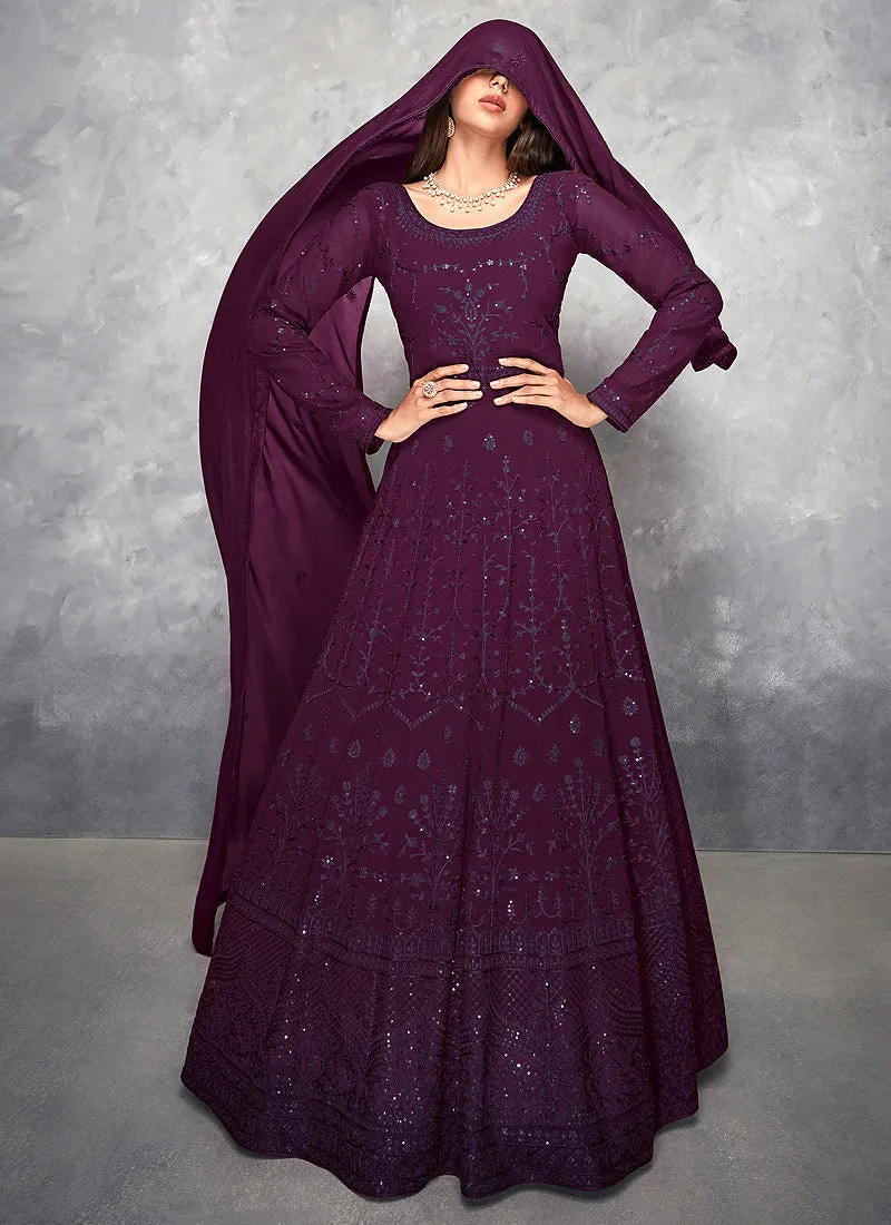 Purple Thread And Sequence Embroidered Anarkali Suit