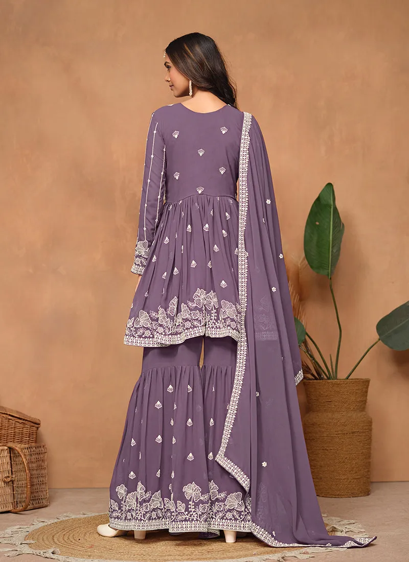 Purple Thread Embroidery Georgette Gharara Suit