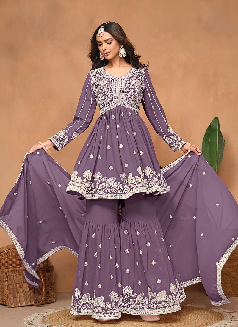 Purple Thread Embroidery Georgette Gharara Suit