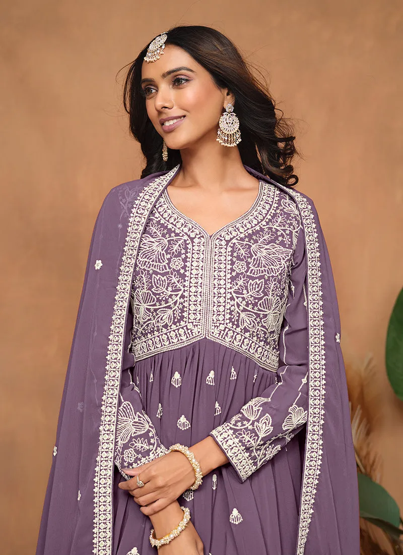 Purple Thread Embroidery Georgette Gharara Suit