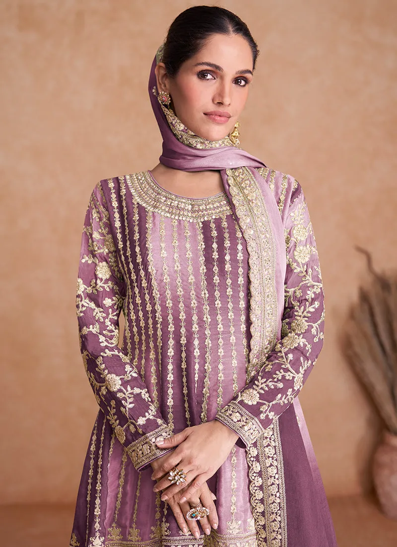 Purple Traditional Embroidery Wedding Gharara Suit