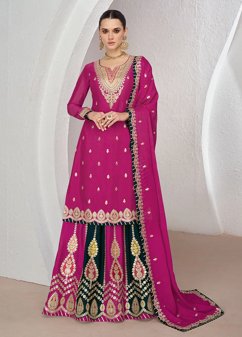 Rani Pink Multi Embroidered Wedding Lehenga Kurti Set