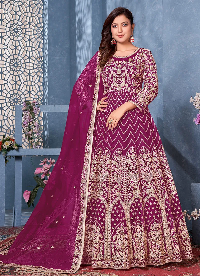 Rani Pink Zari Embroidered Party Wear Anarkali Suit