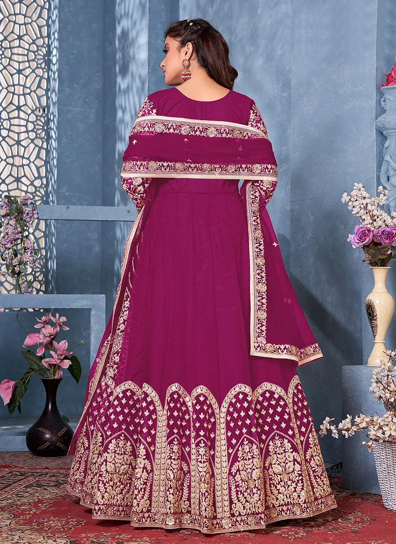 Rani Pink Zari Embroidered Party Wear Anarkali Suit